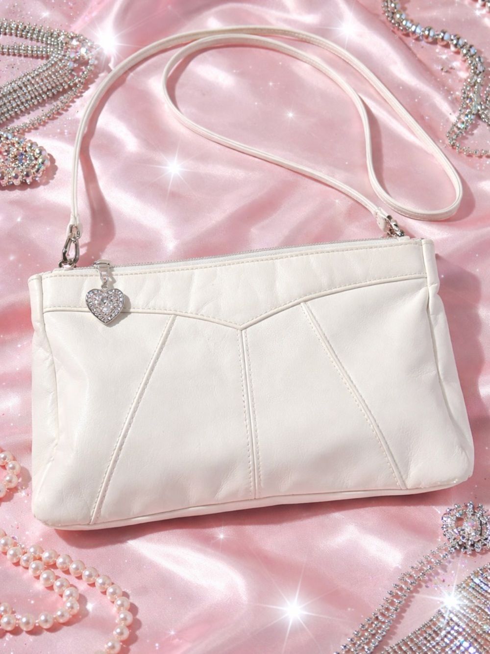 White Leather Y2K Shoulder Bag Baguette Purse - Picture 2 of 9